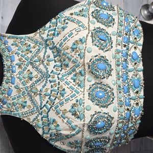 Aspeed Elegant White and Blue Beaded Sheath Evening Dress Sz XXS